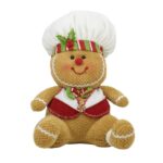 BONECO EM PLUSH, GINGER BREAD SENTADO, COM CHAPÉU DE COZINHEIRO E COLETE, PARA O TEMA NATAL. ALUGUEL PARA FESTAS