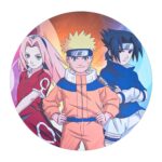 PAINEL REDONDO EM TECIDO 1,50 VESTE FÁCIL SUBLIMADO COM OS PERSONAGENS DO MANGÁ NARUTO (SAKURA, NARUTO E SASKE). LOCAÇÃO PARA FESTAS