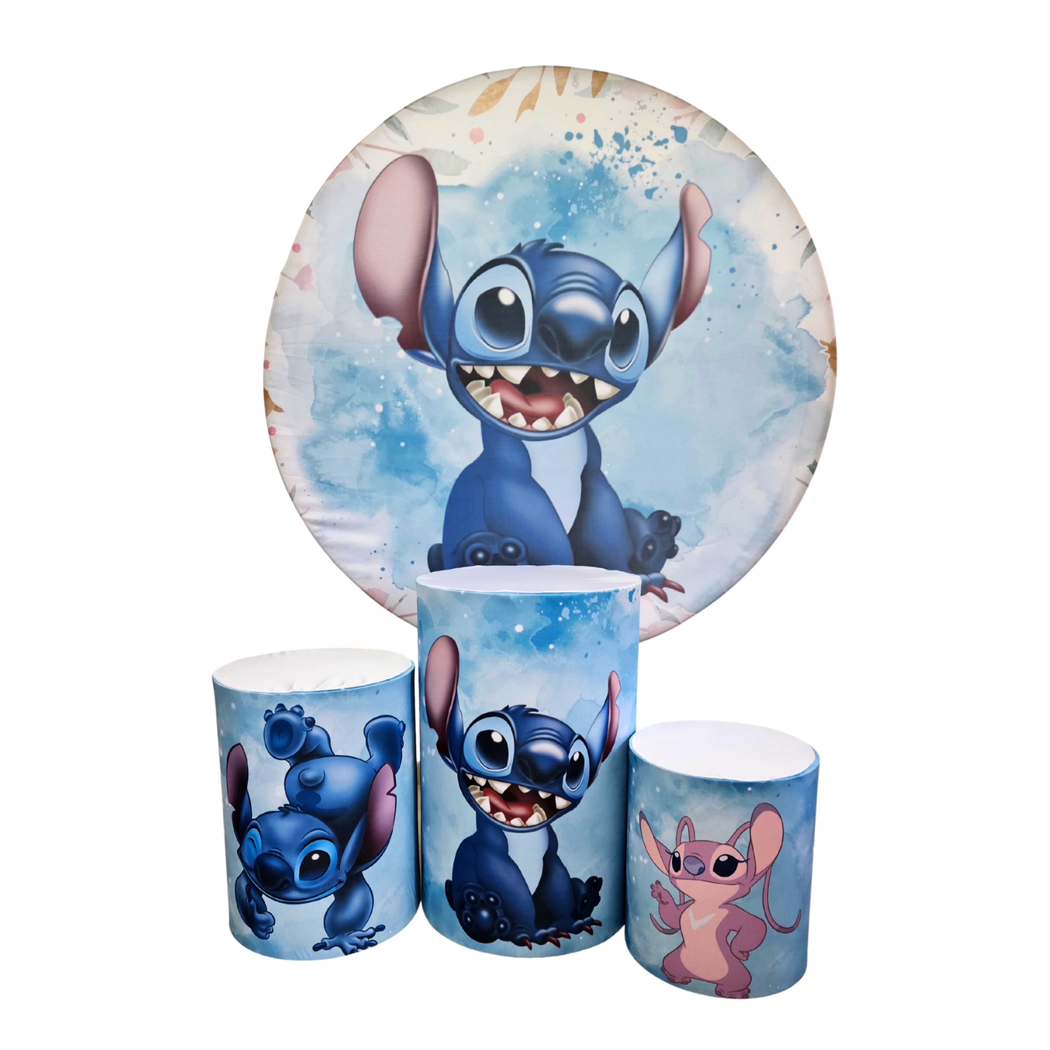 Kit festa com trio de cilindros e painel com capas feste fácil no tema Stitch