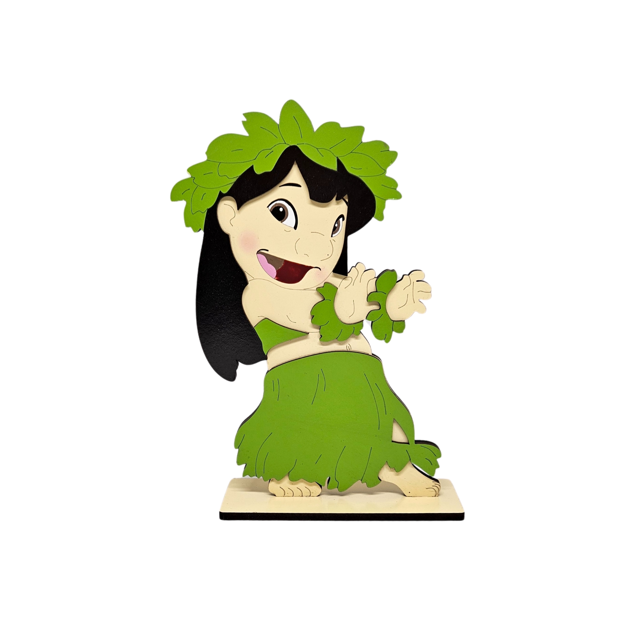 Display de mdf 2D da personagem Lilo vestida de Hula, para decoração de festa no tema Lilo & Stitch para locação