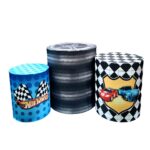 TRIO DE CILINDROS COM CAPAS TEMÁTICAS HOT WHEELS PARA DECORAÇÃO DE FESTA.