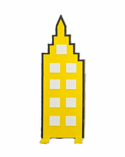 Painel decorativo para festa em formato de prédio amarelo, para temas de heróis como: homem aranha, spidey, super homem, batman, capitão america, hulk, mulher maravilha, flash, entre outros.